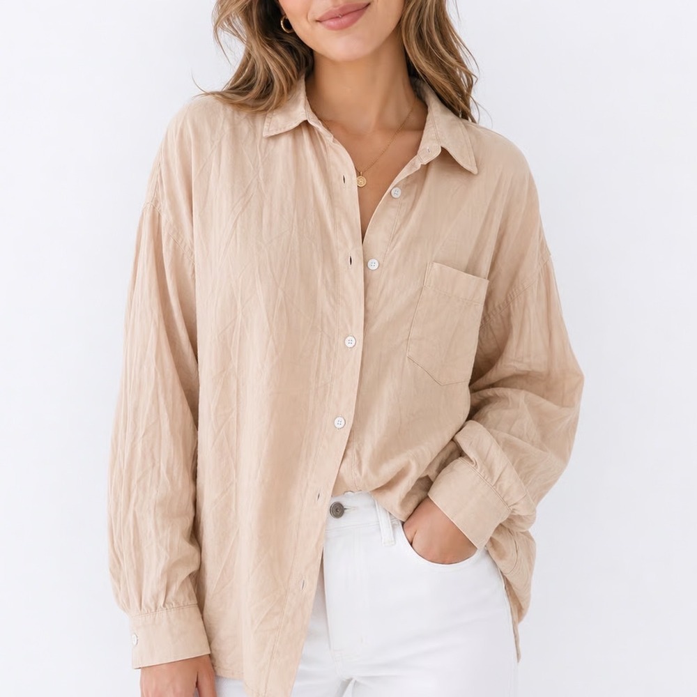Nude Lucy Womens Tan Beige Cotton Button Down Shirt Oversized Size S